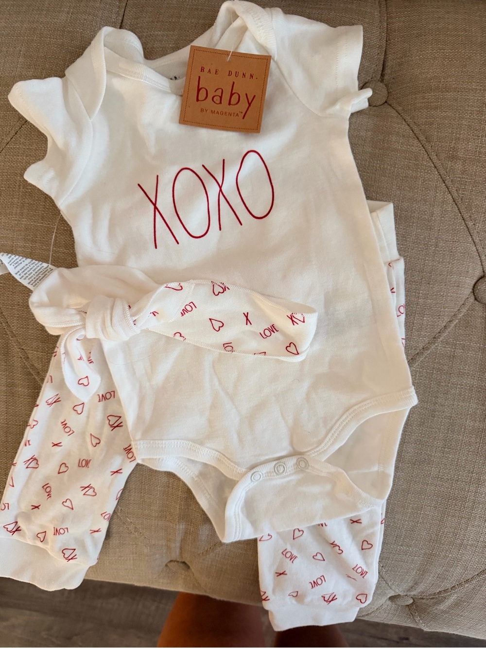 Rae Dunn White Baby XOXO Onesie Set with Red Print
